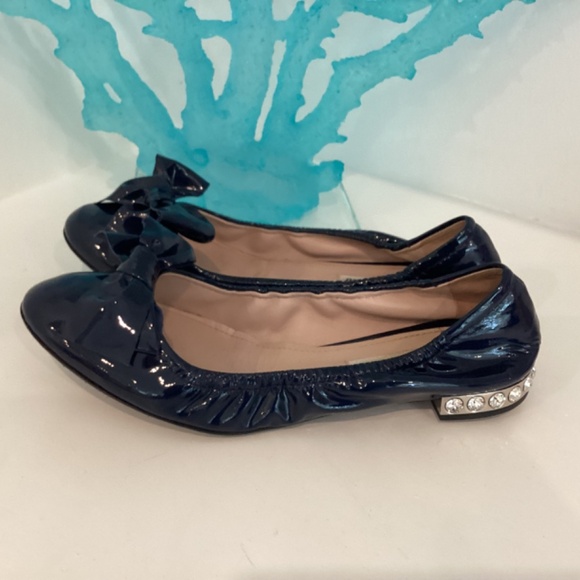 MIU MIU Patent Leather Navy Blue w Bow Flats Embellished Heel 39 9 w box - Picture 4 of 10